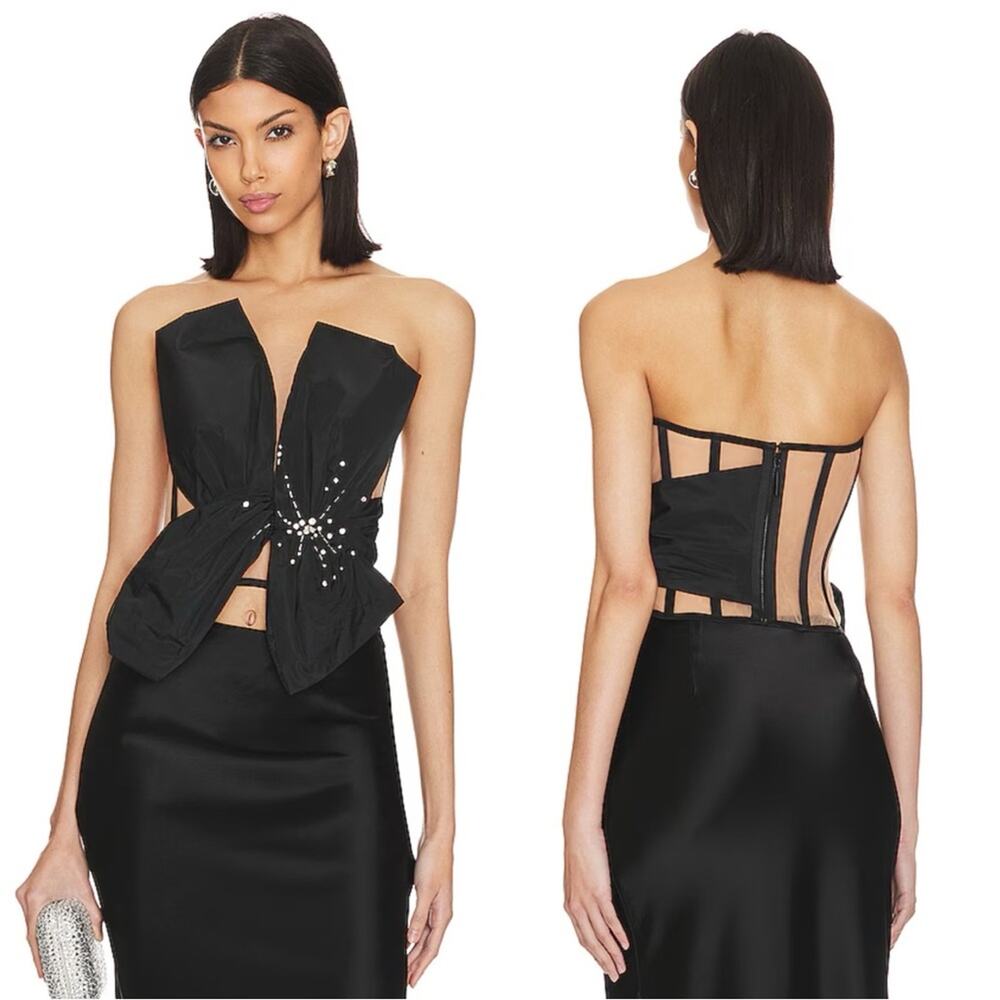 NAFSIKA SKOURTI Corset Knot Floral Beaded Top in Black Size 4